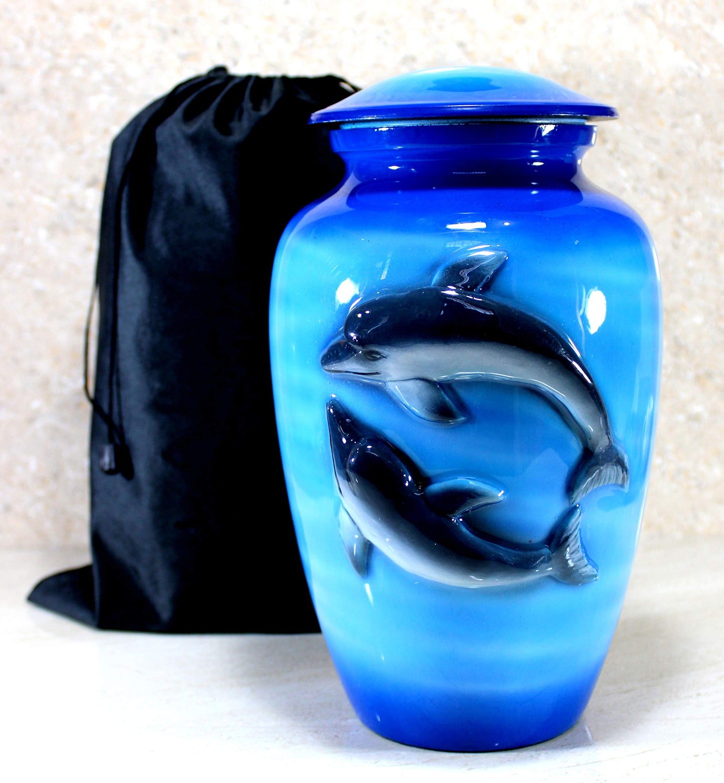 eSplanade Metal Cremation Urn Memorial Jar Pot Container | Full Size Urn for Funeral Ashes Burial | 3D Dolphin Printed | Blue-Black - 10" Inches