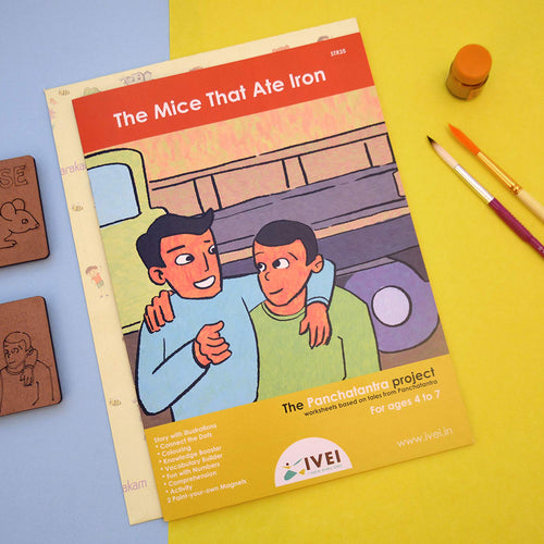 IVEI Panchatantra Story Kids Learning Book - Workbook and 2 DIY Magnets - Colouring Activity Worksheets - Creative Fun Activity and Education for Kids - The Mice That ate Iron (Age 4 to 7 Years)