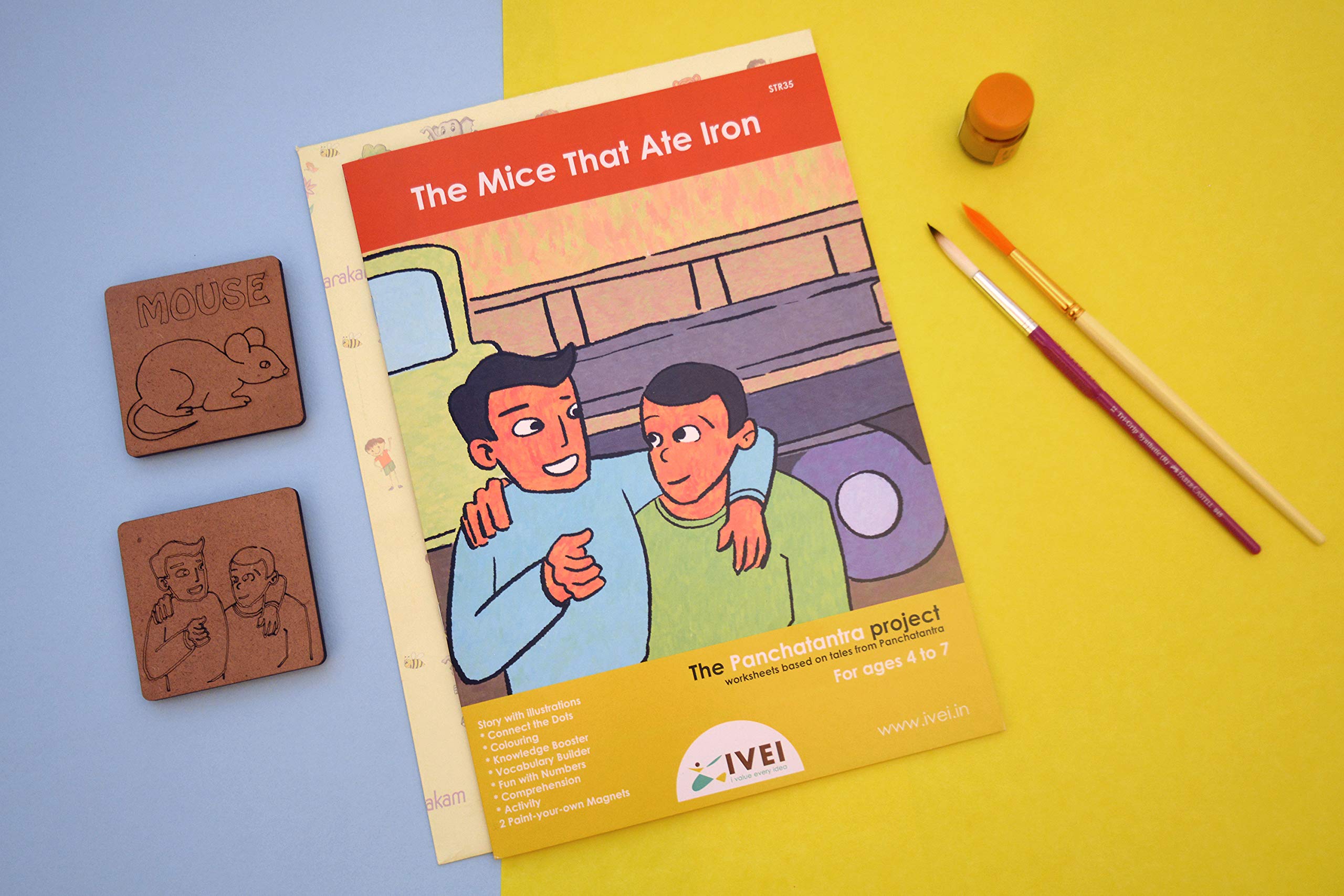 IVEI Panchatantra Story Kids Learning Book - Workbook and 2 DIY Magnets - Colouring Activity Worksheets - Creative Fun Activity and Education for Kids - The Mice That ate Iron (Age 4 to 7 Years)
