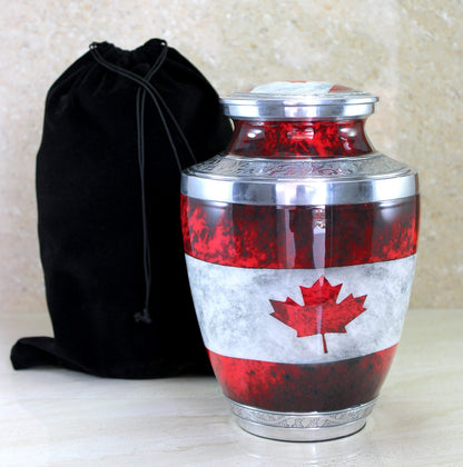 eSplanade Metal Cremation Urn Memorial Jar Pot Container | Full Size Urn for Funeral Ashes Burial | Maple Leaf Print | White-Red - 10" Inches