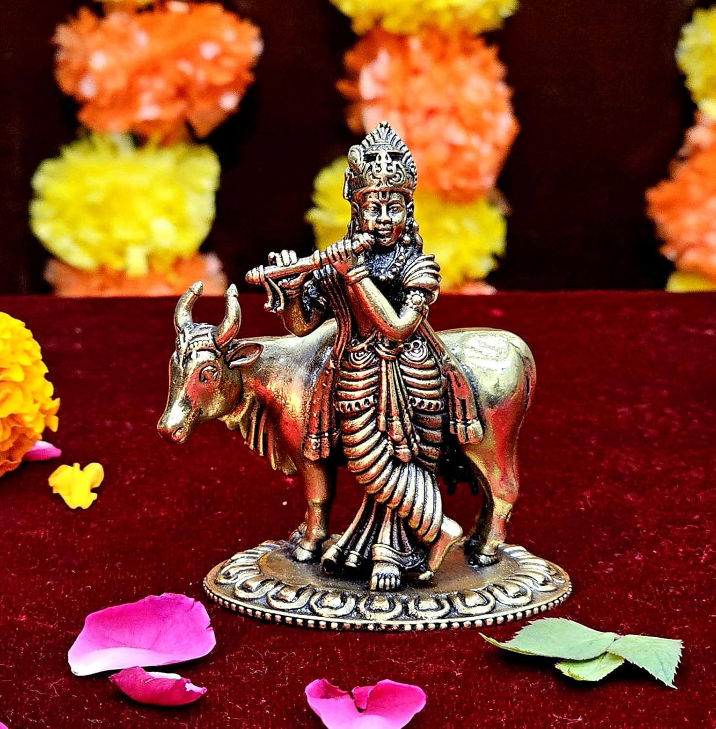 ESPLANADE Brass Krishna Statue, Krishan with Cow Murti, Kishan Krishna Idol Small, Hindu God Idols for Pooja Room, Mandir Decoration, Home Decoration Items for Living Room, Golden