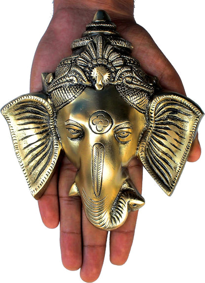 StonKraft - 6" Brass Ganesh/Ganesha Door Hanging - Beautiful Ganesh Face Murti Idol Statue Sculpture Wall Hanging of Brass (6"x 5") - Great Gift Choice