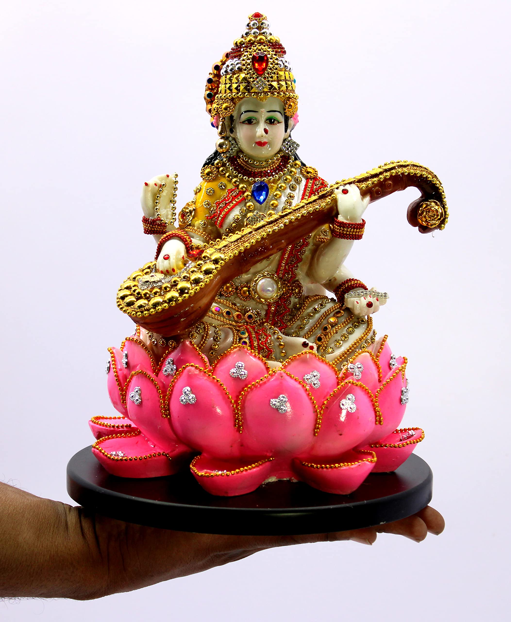 eSplanade Saraswati on Lotus | Saraswati Goddess Murti Idol Statue Sculpture Figurine - Resin - Multi - 10.5" & 7" Inches