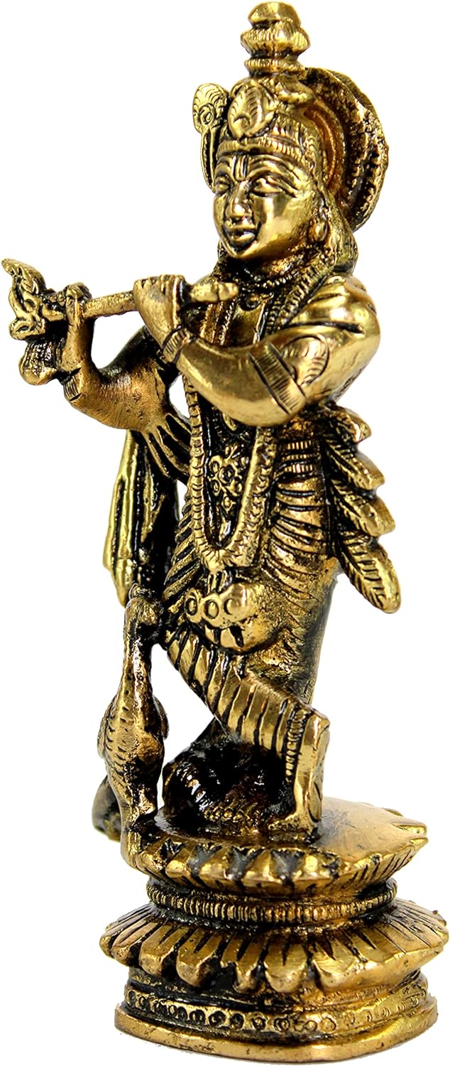 eSplanade - Brass Kishan Krishna with peacock Murti Idol Statue Sculpture for Pooja Mandir or Home Decor - 5" inches