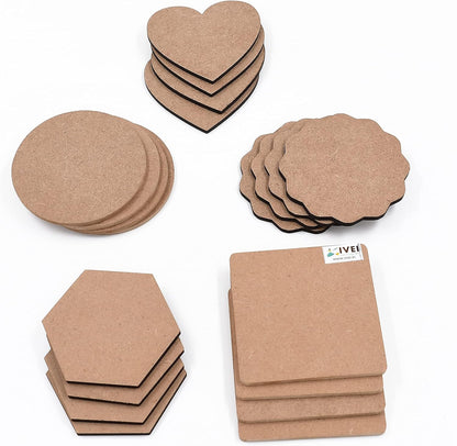 IVEI MDF Board DIY Coasters - MDF Plain Wooden Coasters in Mixed Shapes - Blank Cutouts for Painting, Wooden Sheet Craft Board for Resin Art & Fluid Art, Decoupage, Mandala Art, Pyrography - Set of 12