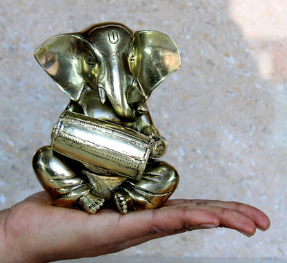 eSplanade 6" Brass God Ganesha Playing Musical Instruments Sitting Statues Set of 2