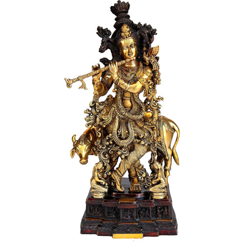 eSplanade Brass Krishna with Cow, Gopal, Kishan Thakurji Murti Idol Statue Sculpture or Pooja Idols for Home Decor (Very Big Size' 31