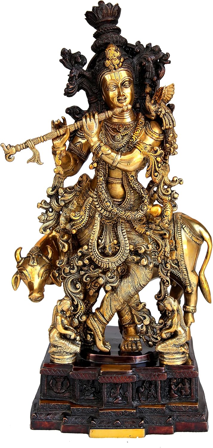 eSplanade Brass Krishna with Cow, Gopal, Kishan Thakurji Murti Idol Statue Sculpture or Pooja Idols for Home Decor (Very Big Size' 31" inches)