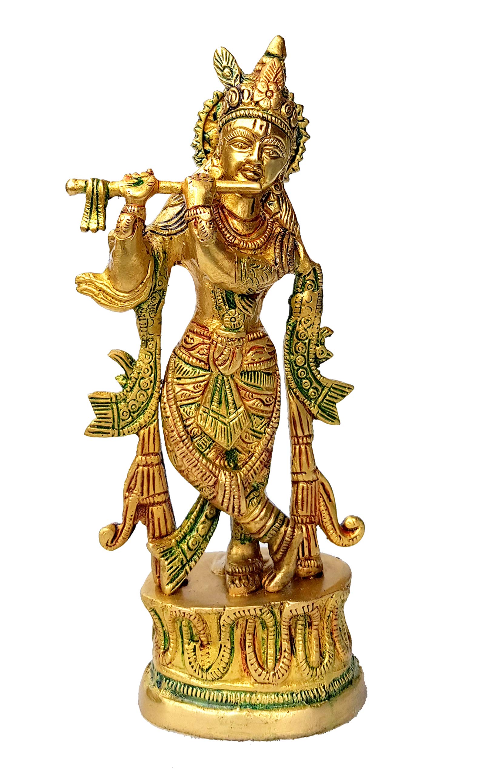 StonKraft - Lord Krishna Kishan Kanha with Kamdhenu Cow Murti Idol Statue Sculpture - Brass - 8" & 9" - Multicolor