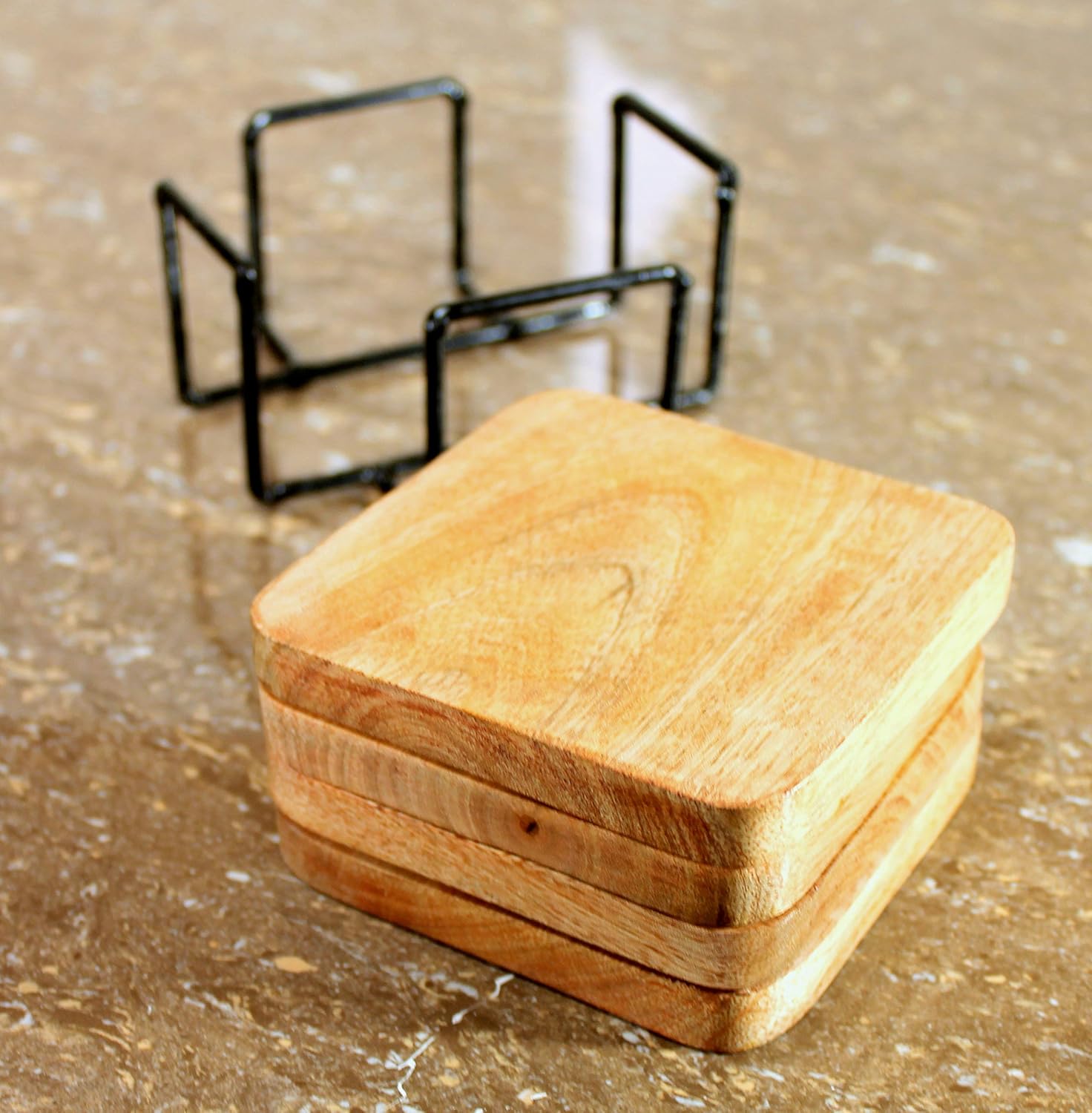 StonKraft Wood Wooden Tea Coffee Coasters Coaster Set Coasters with Wrought Iron Holder (4 In Square with Iron Holder)