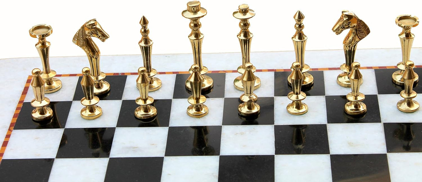 StonKraft Collectible White & Black Marble Chess Board Set + Brass Chess Pieces Pawns - Decorative Stone Chess - Home DŽcor - 15" Inches