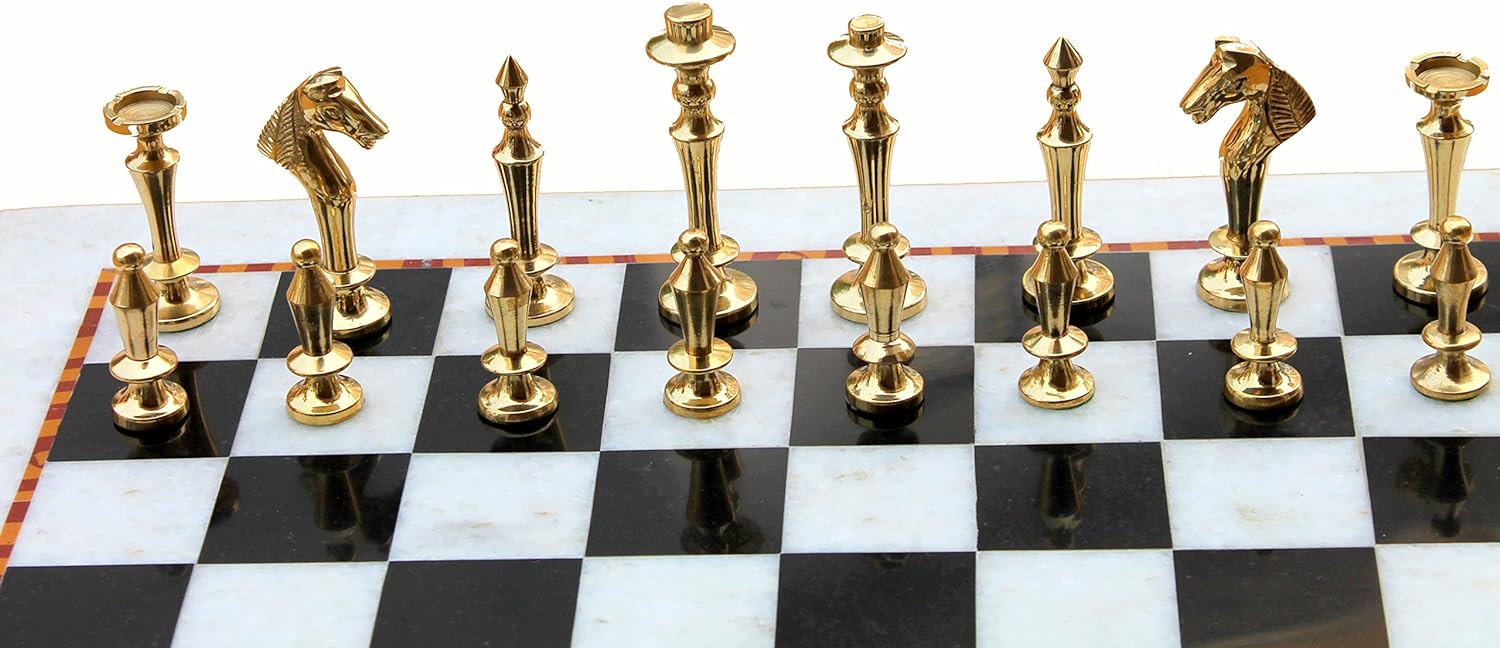 StonKraft Collectible White & Black Marble Chess Board Set + Brass Chess Pieces Pawns - Decorative Stone Chess - Home Decor - 15" Inches