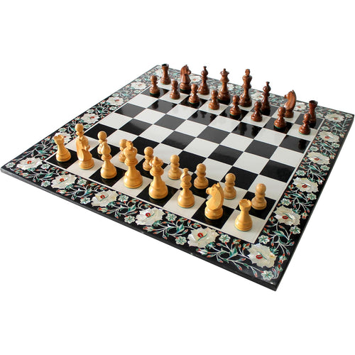 StonKraft Collectible Black & White Marble Stone Chess Board Set + Wood Crafted Pieces - Coffee Table Centre Table Top Without Stand - Pietra Dura Inlay Work - 24