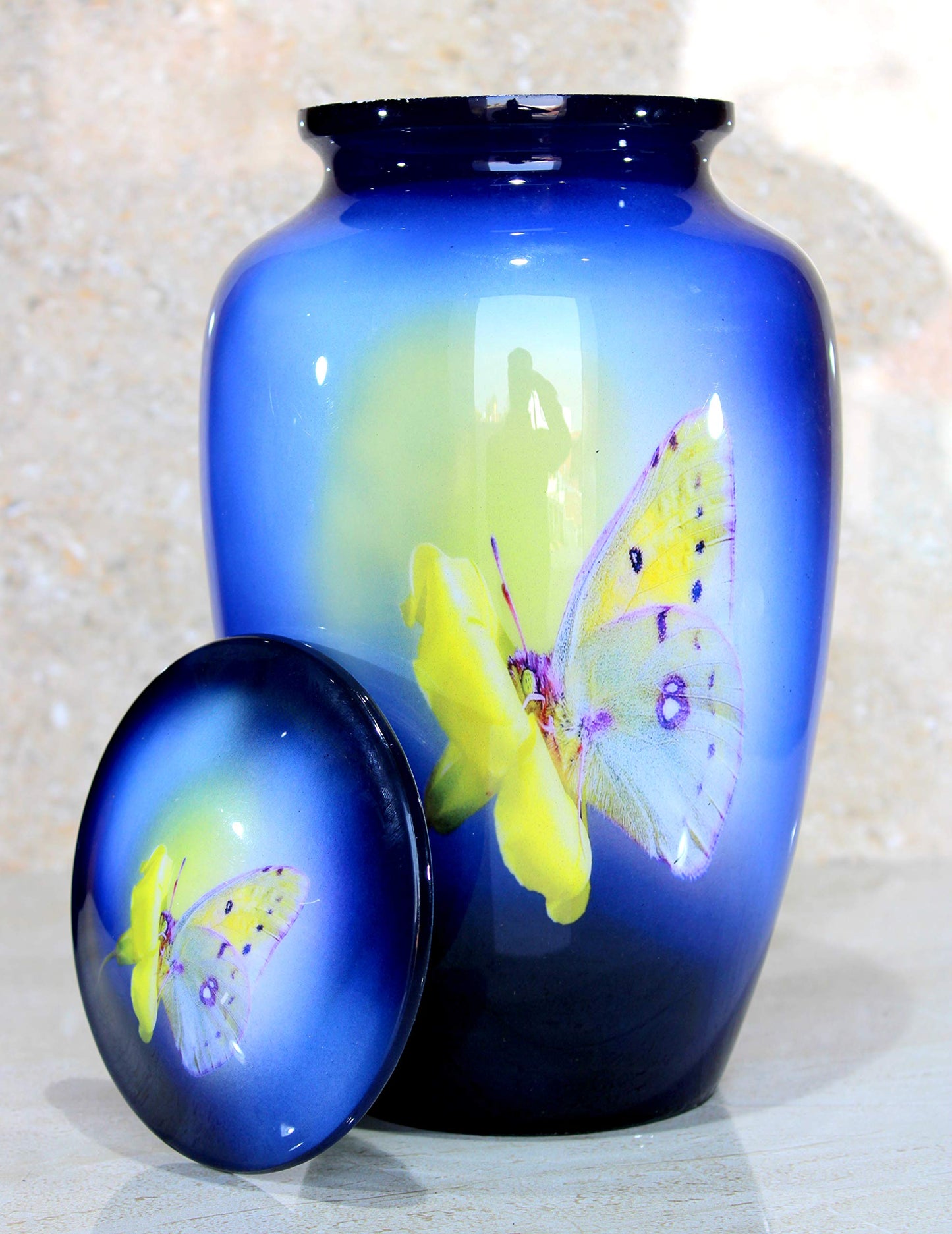 eSplanade Metal Cremation Urn Memorial Jar Pot Container | Full Size Urn for Funeral Ashes Burial | Colorful Butterflies Print | White - 10" Inches