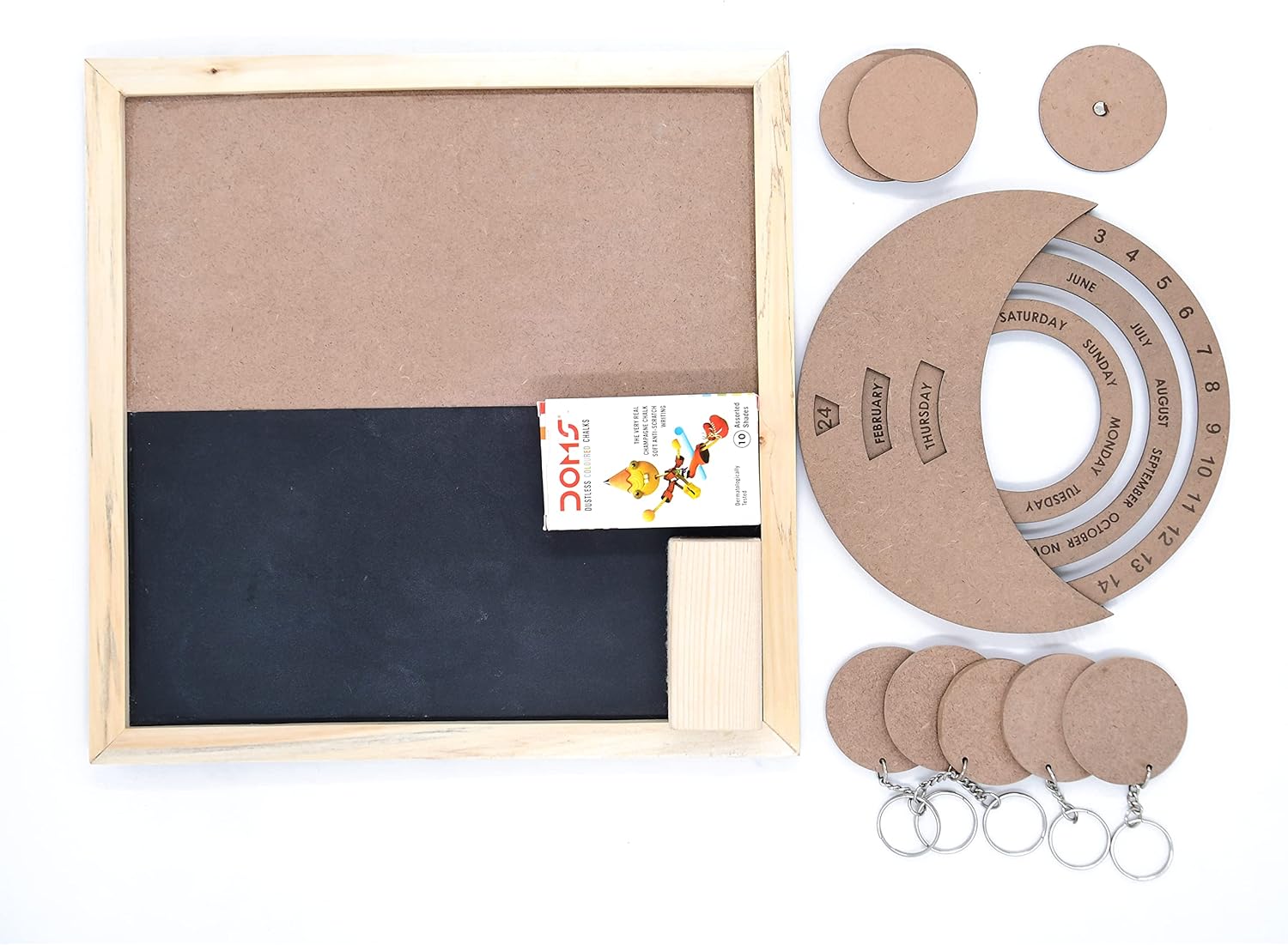 IVEI DIY MDF DIY Blackboard Pack with Rotational Calendar, 5 Round Magnets and 5 Round Keychains