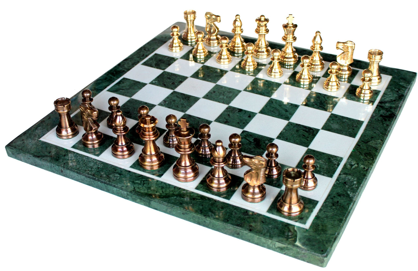 StonKraft Collectible Green Marble Chess Board Set + Brass Crafted Pieces Pawns - Decorative Stone Chess - Home DŽcor - 15" Inches