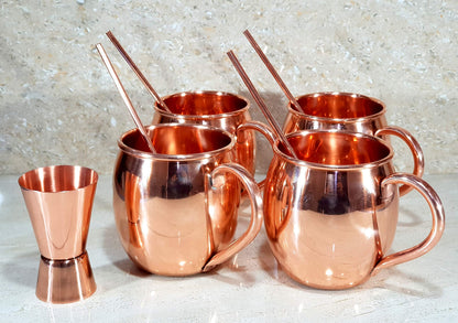 eSplanade Moscow Mule Cocktail Copper Mugs - Set of 4 Mugs, 4 Copper Straws, and a Peg Measurer (HAMMERED BRASS HANDLE)