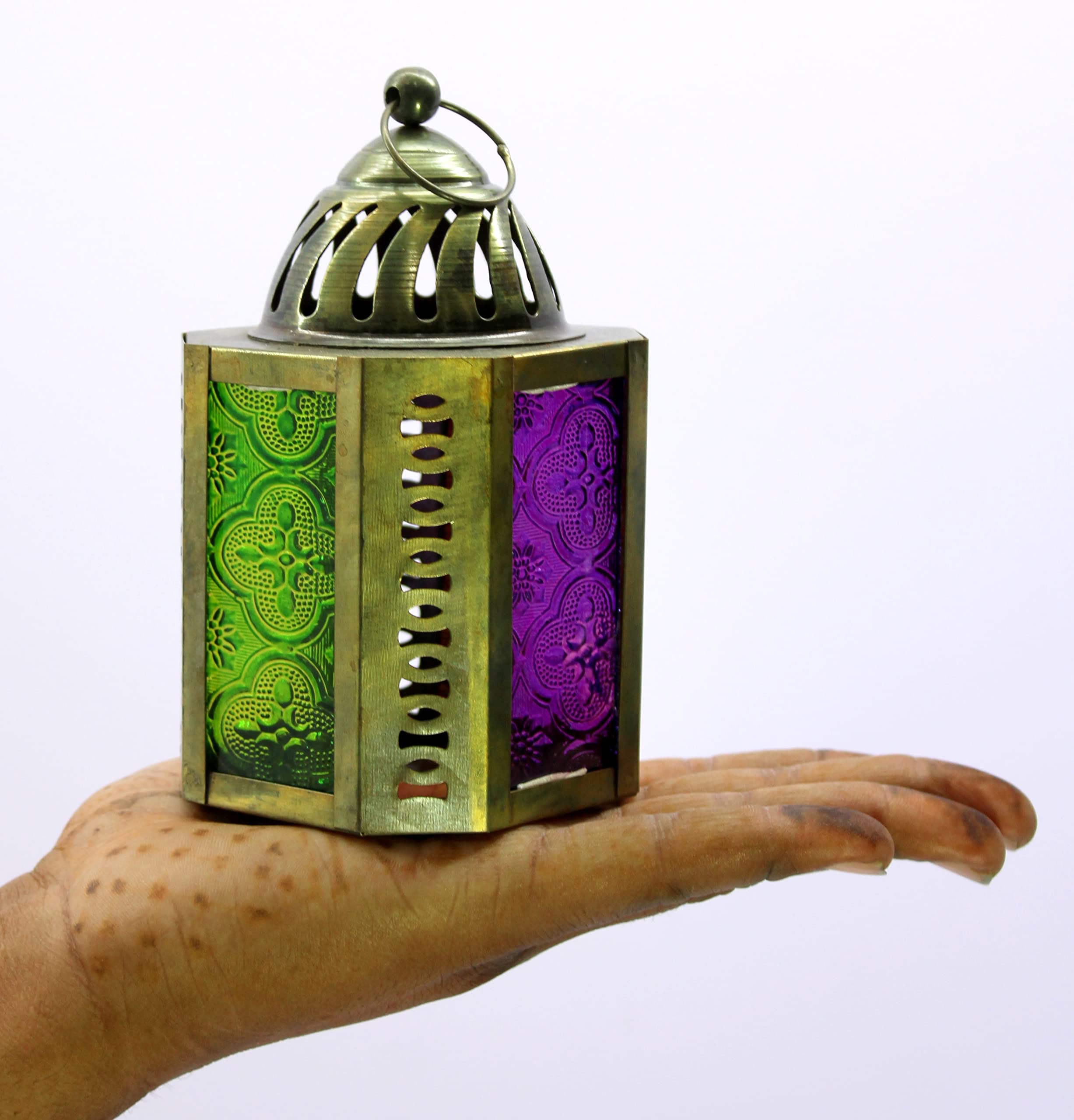 eSplanade Moroccan Lantern Metal Hanging Lamp with Glass Tealight Candle Holder - Set of 2-6" Inches - Golden (Golden & Multi- Black)