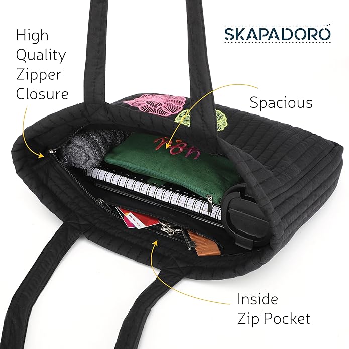 SKAPADORO Quilted Cotton Tote Bag with Zip, Inner Zipper Pocket, Multipurpose Embroidered Hand Bag for Women/Girls For Shopping Travel College Gym Work, Everyday Shoulder Bag - Evil Eye; Floral