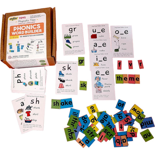 MFM Toys Magnetic Phonic Word Builder ~ 170 Magnetic Tiles + 50 Flashcards (Does Not Include Magnetic Board) Ages 6+