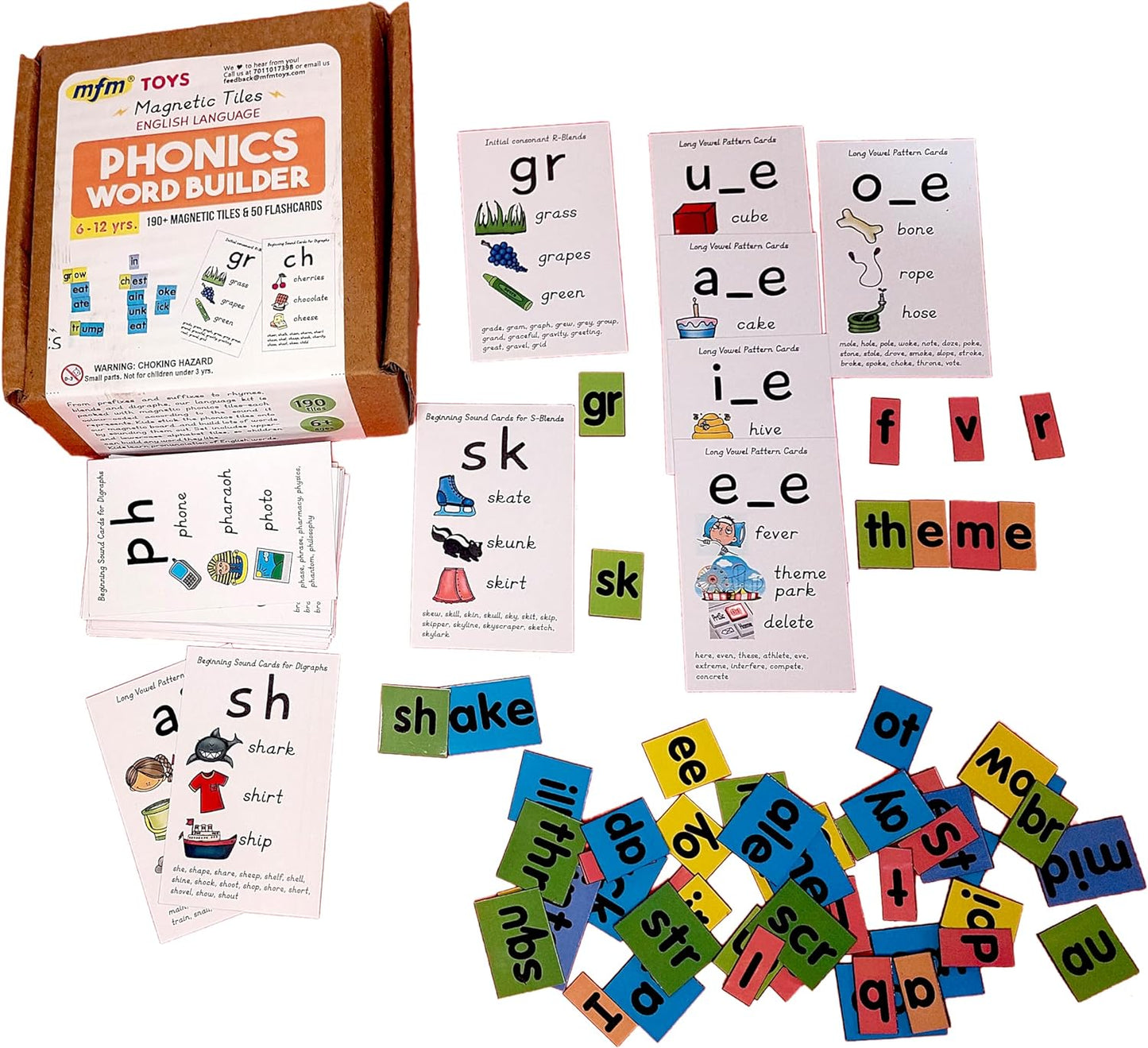 MFM Toys Magnetic Phonic Word Builder ~ 170 Magnetic Tiles + 50 Flashcards (Does Not Include Magnetic Board) Ages 6+