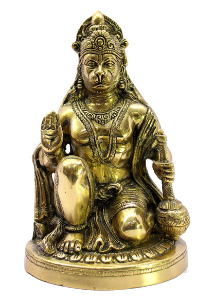 eSplanade Brass Sitting Hanuman Anjaneya Pavan Putra Bajrangbali Maruti Idol Murti Moorti Statue - Golden - 9.5" Inches