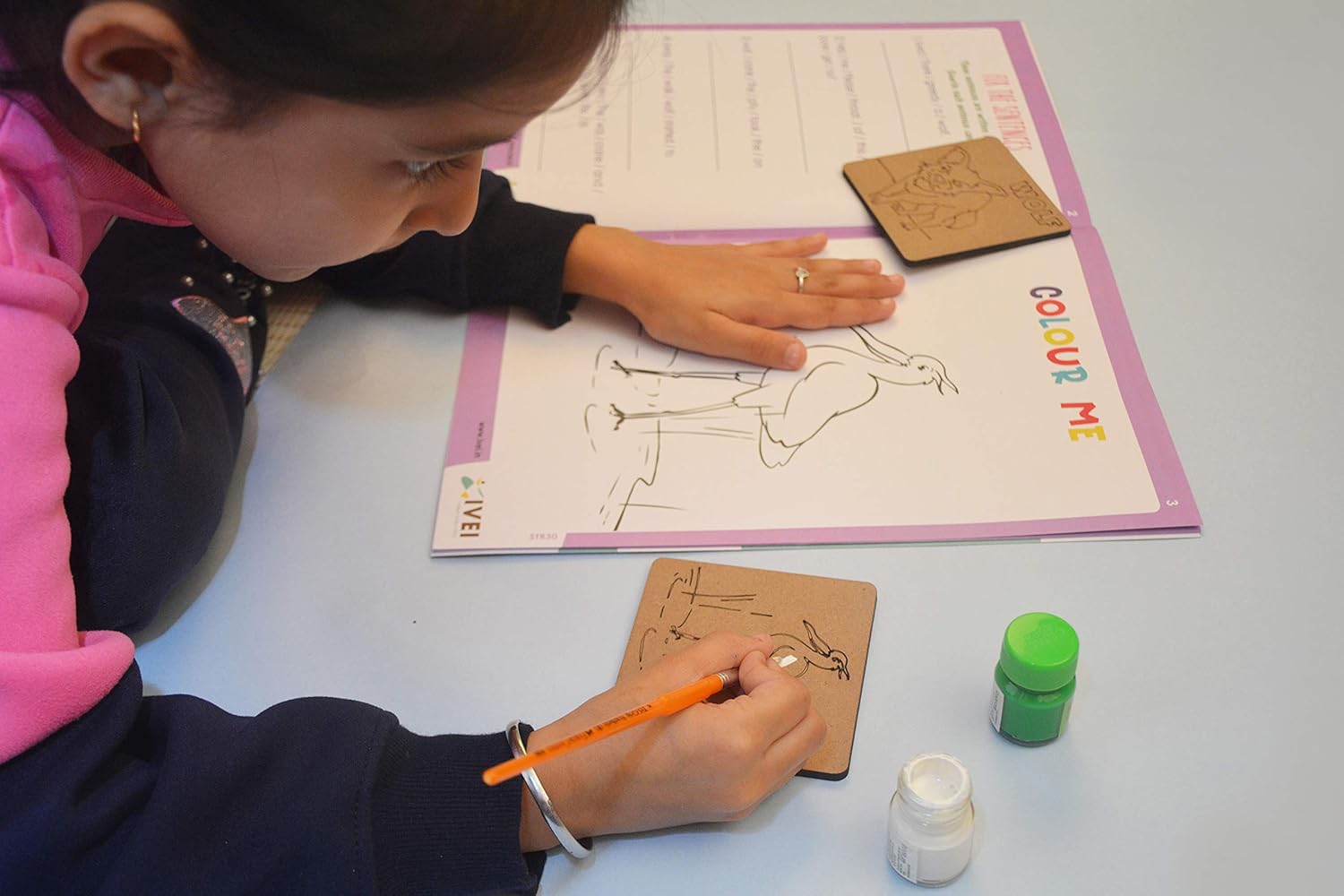 IVEI Panchatantra Kids Learning Book - Workbook and 2 DIY coasters of Panchatantra Story - Colouring Activity Worksheets - Creative Fun Activity and Education For Kids - The Wolf and the Crane ( Age 4 to 7 Years )