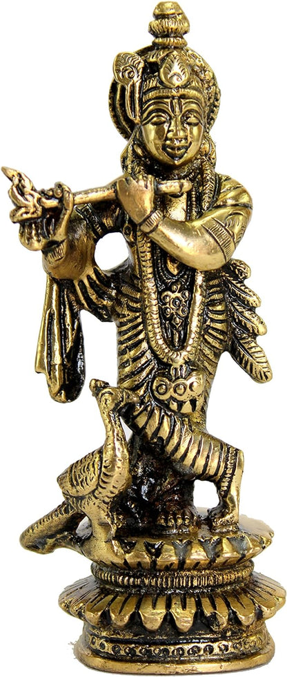 eSplanade - Brass Kishan Krishna with peacock Murti Idol Statue Sculpture for Pooja Mandir or Home Decor - 5" inches