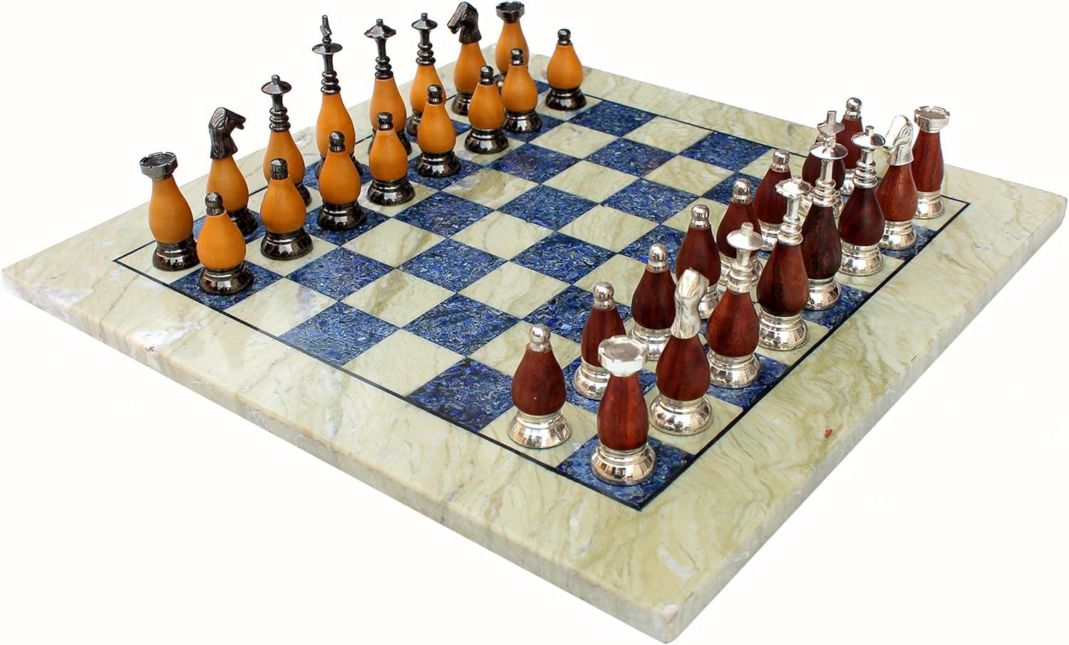 StonKraft Collectible Australian Marble and Lapis Lazuli Chess Board Set + Brass Chess Pieces Pawns - Decorative Stone Chess - 15" Inches