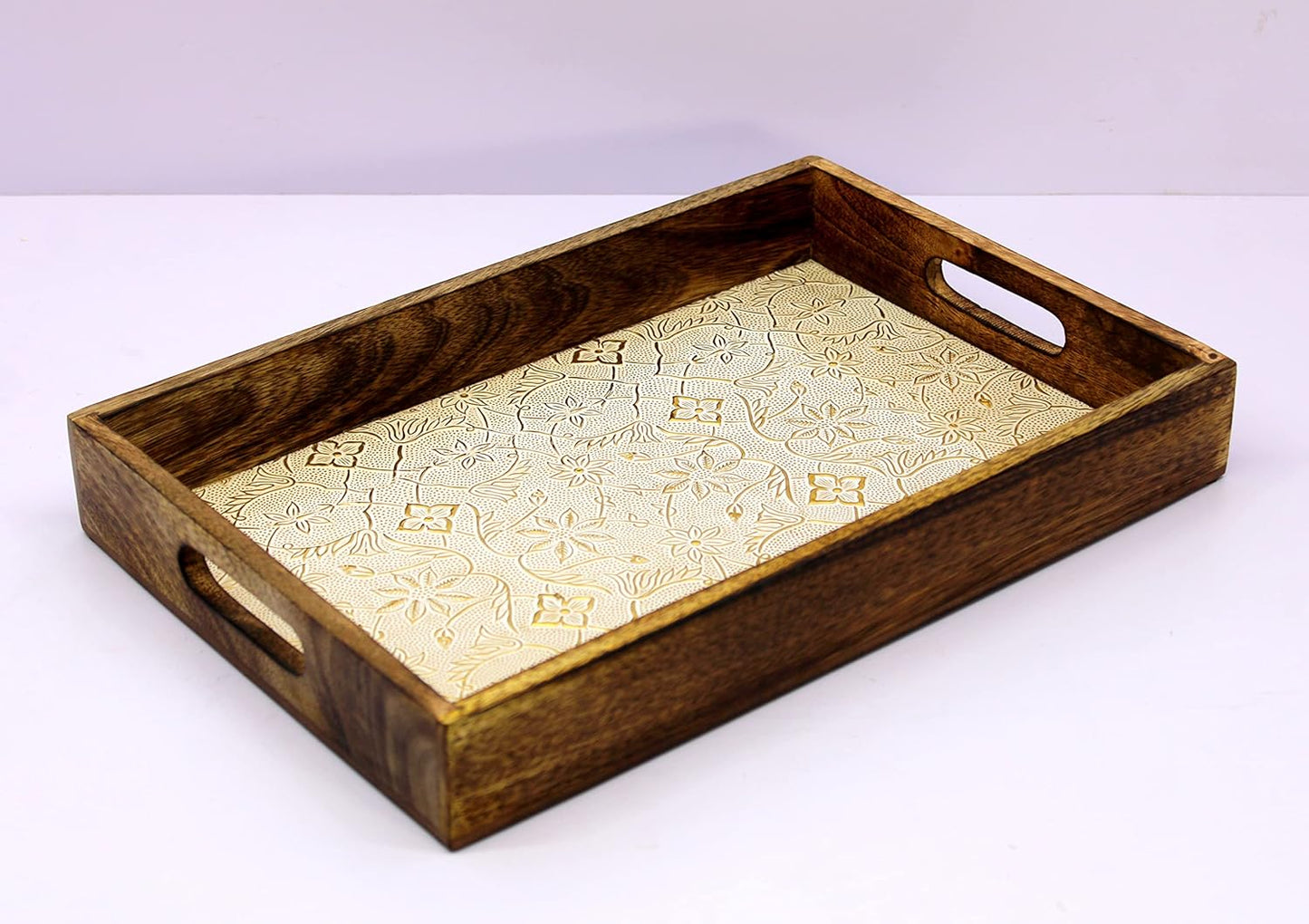 eSplanade KLEO Wooden Engraved Serving Tray - Set of 2 - Serveware Tableware - Wood with Foil Work - 14" Inches - Brown