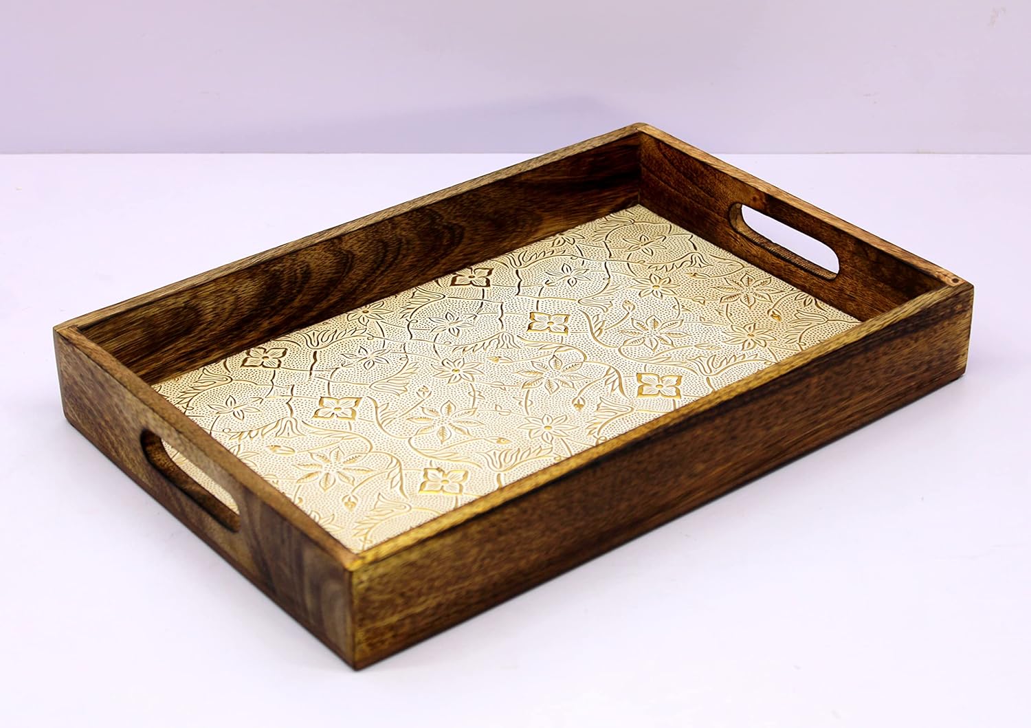 eSplanade KLEO Wooden Engraved Serving Tray - Set of 2 - Serveware Tableware - Wood with Foil Work - 14" Inches - Brown