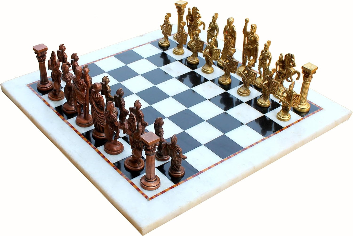 Stonkraft Collectible White & Black Marble Chess Board Set + Brass Roman Pieces - Decorative Stone Chess - Home DŽcor - 15" Inches