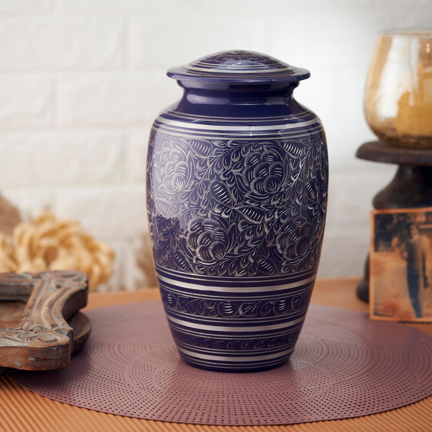 Esplanade Metal Urn for Ashes Adult Male Female – 10" Cremation Urn for Human Ashes, Full Size Large Urn, Engraved Geometric Floral Blue Colour, Funeral Vase with Velvet Bag - for 80kg Adult