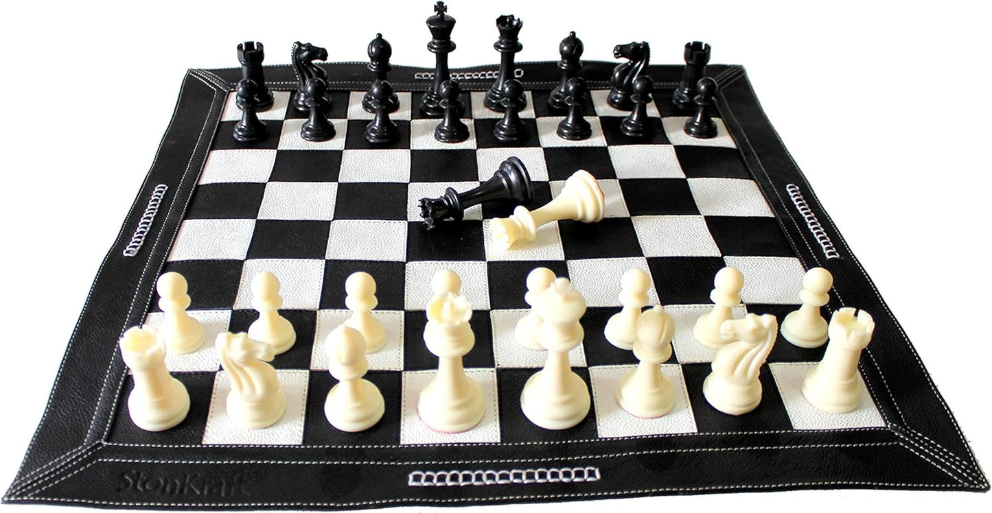 Stonkraft - 19" x 19" Genuine Leather Roll-Up Tournament Chess Set with Plastic Chess Pieces - Black