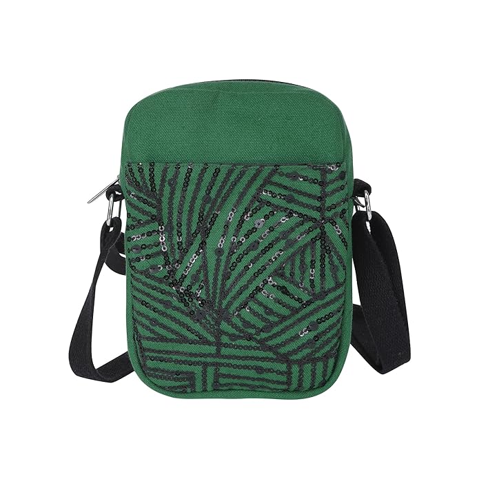 SKAPADORO Canvas Mobile Cross Body Sling Bag for Girls Women,100% Cotton, Sequence Embroidery, Zip Closure, Pocket, Adjustable Strap, Compact Everyday Bag - Bling it on (Green)