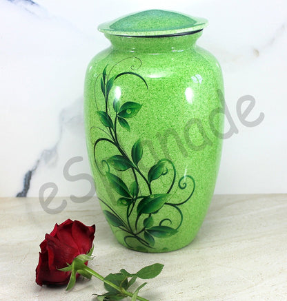 eSplanade Metal Cremation Urn Memorial Jar Pot Container | Full Size Urn for Funeral Ashes Burial | Swirl Leaves Printed Urn | Green - 10" Inches