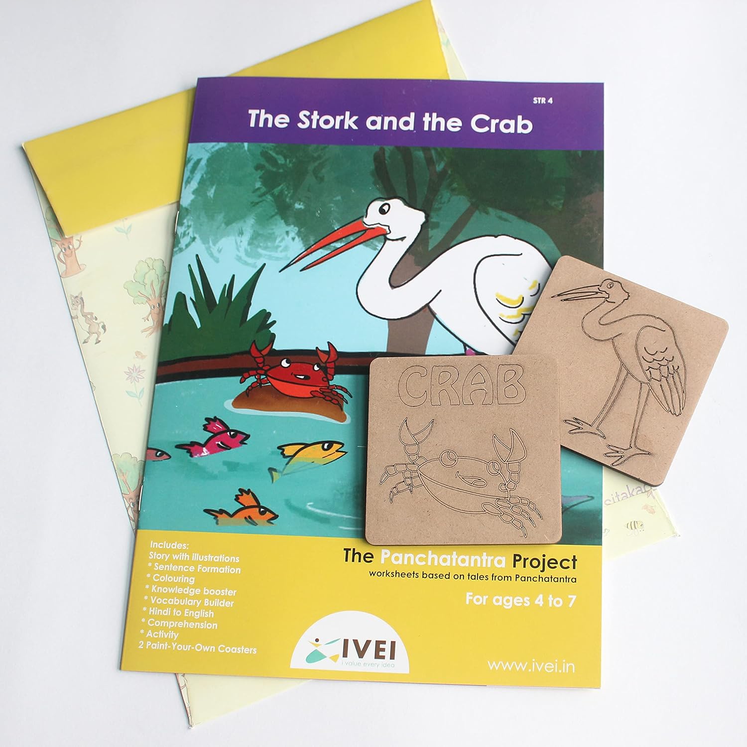 IVEI Panchatantra Kids Learning Book - Workbook and 2 DIY coasters of Panchatantra Story - Colouring Activity Worksheets - Creative Fun Activity and Education For Kids - The Stork and the Crab ( Age 4 to 7 Years )