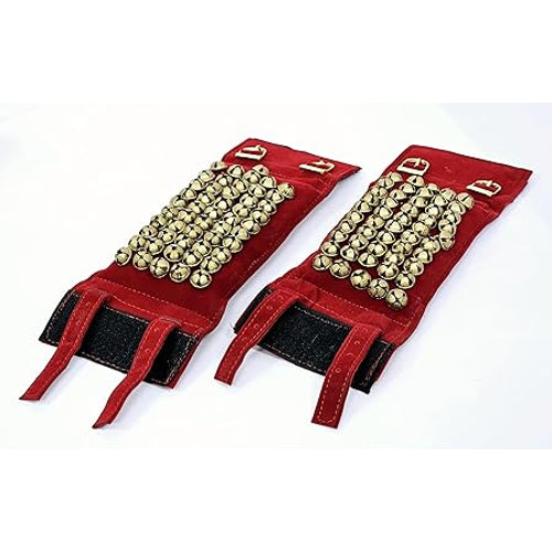Esplanade Ghungroo Pad for Kathak, Brass 5-Line Ankle Bells, Velvet Pad with Adjustable Strap for Bharatanatyam and Classical Dance - Red