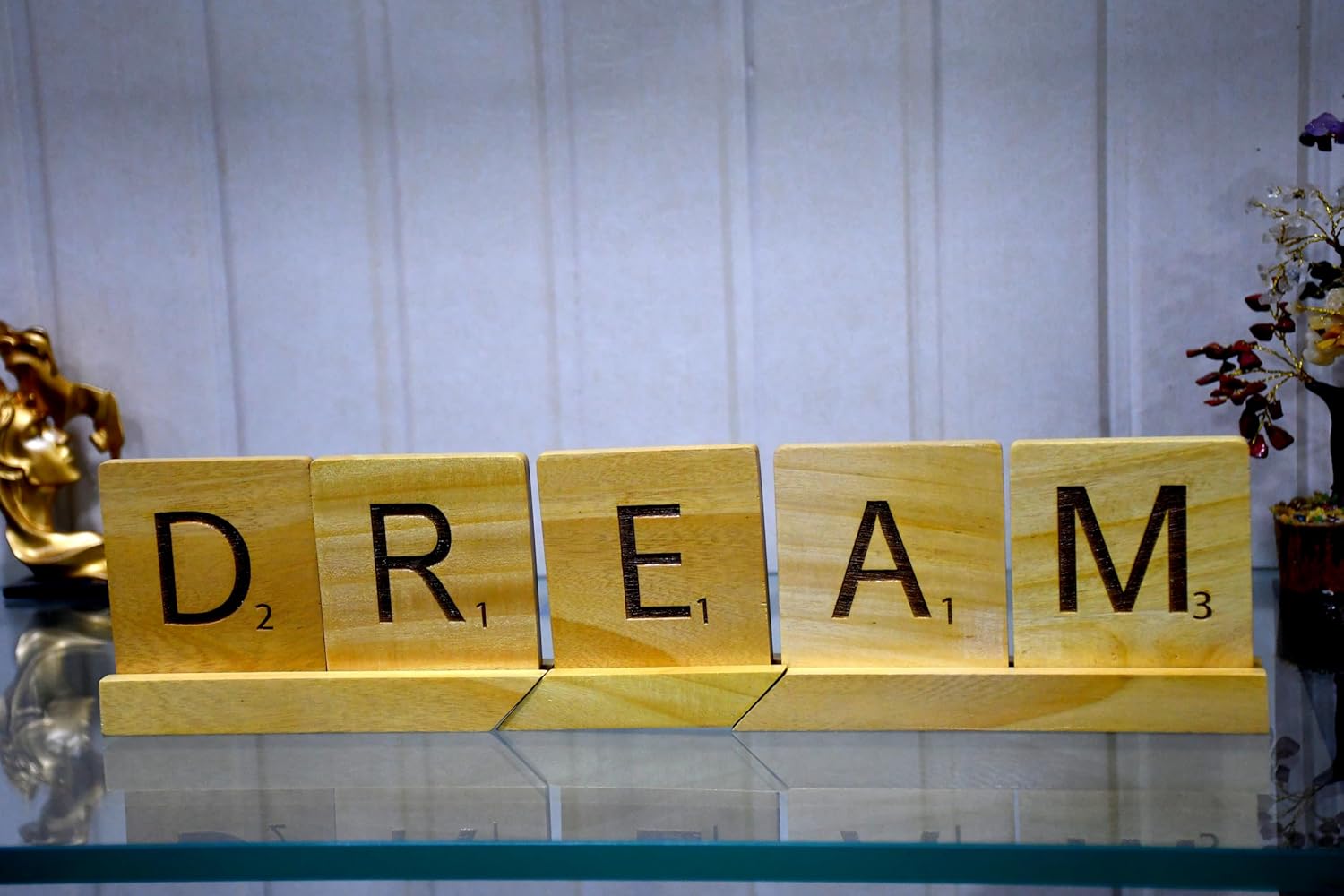 Esplanade Wooden Letter Tiles - DREAM HOME Office Table Decoration Items - Word Block | Scrabble-Inspired Showpieces for Home Decor, Motivational Sign, Interchangeable Letters