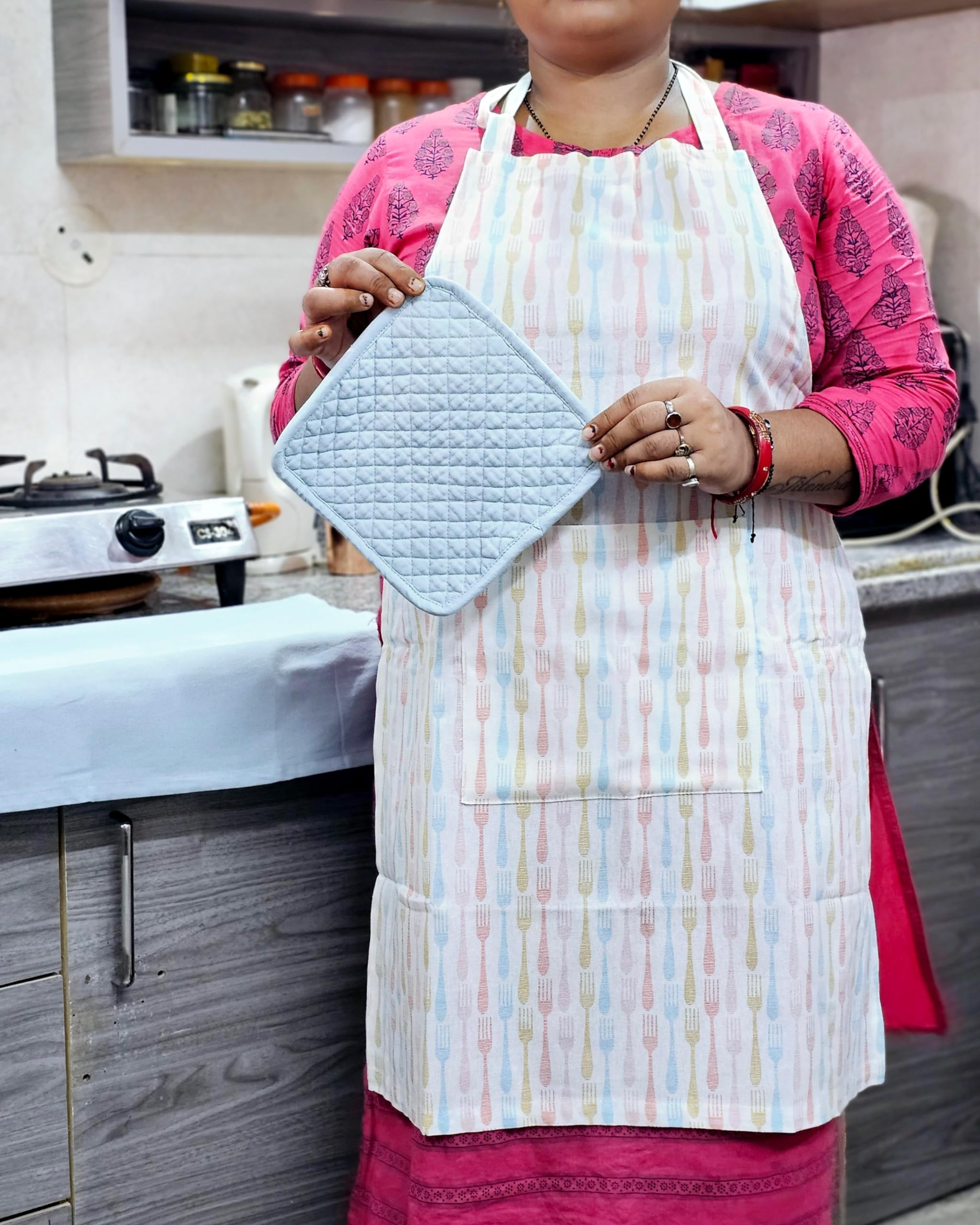 Essential Kitchen Cotton Apron Set - Apron, Padded Pot Holder/Coaster, and a Cotton Kitchen Towel | Lightweight