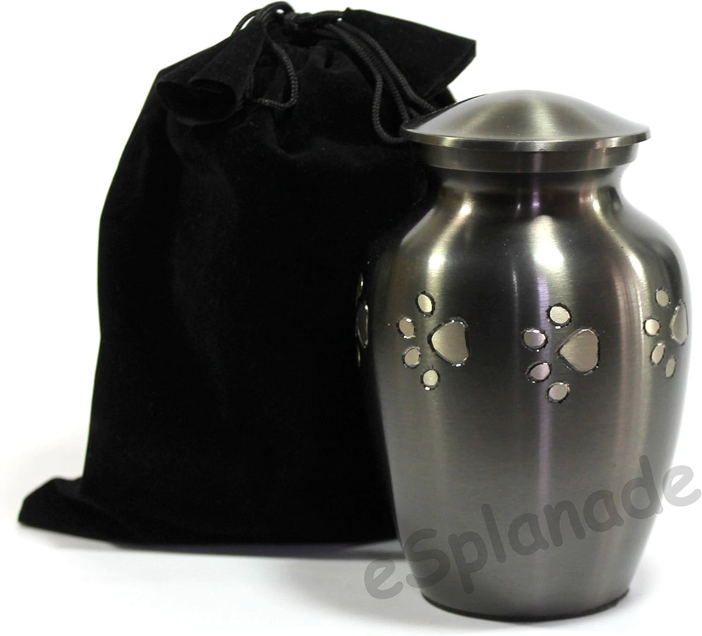 eSplanade Mini Cremation Urn Memorial Jar Pot Container | Small Keepsake for Funeral Ashes Burial | Silver Paws Printed Metal Keepsake | Black - 4.5" Inches