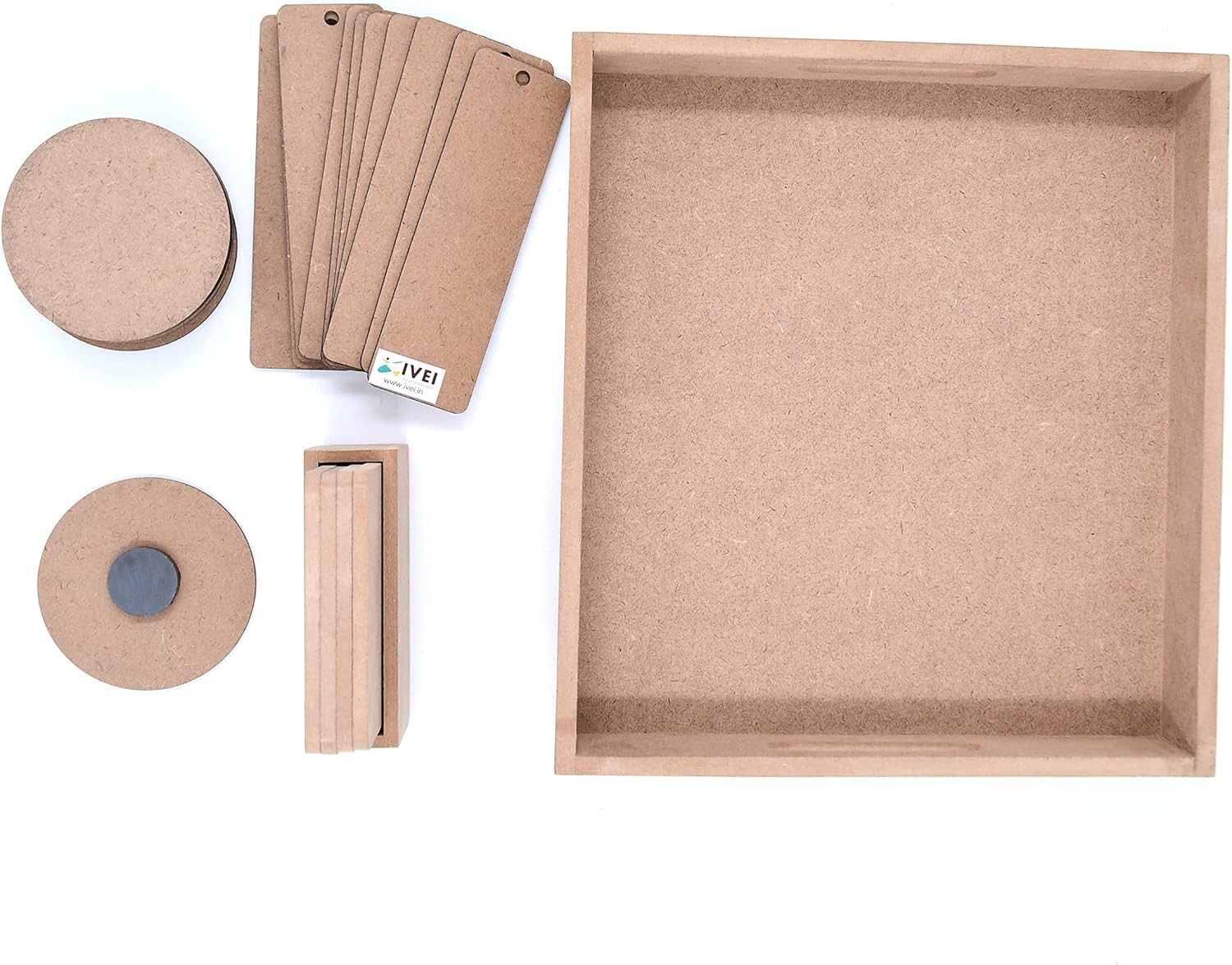 IVEI DIY MDF Rectangular Tray Pack with 4 Coaster with Stand, 10 Round Magnets and 10 Bookmarks