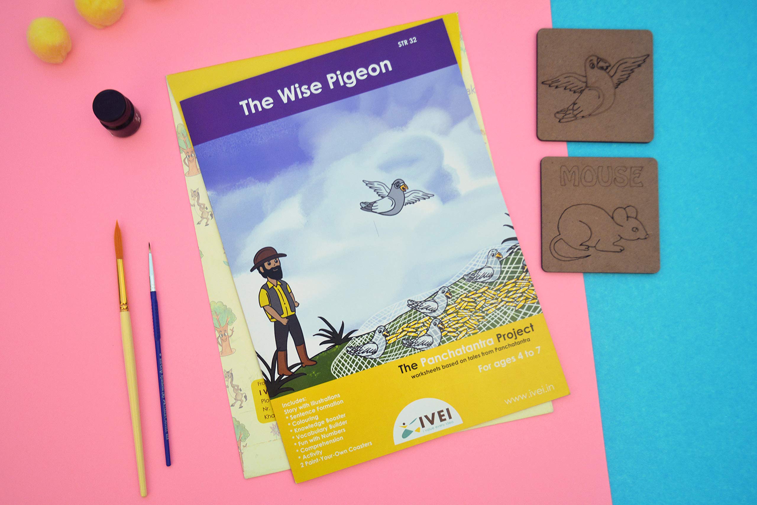 IVEI Panchatantra Kids Learning Book - Workbook and 2 DIY Bookmarks of Panchatantra Story - Colouring Activity Worksheets - Creative Fun Activity and Education For Kids - Four Friends And A Hunter