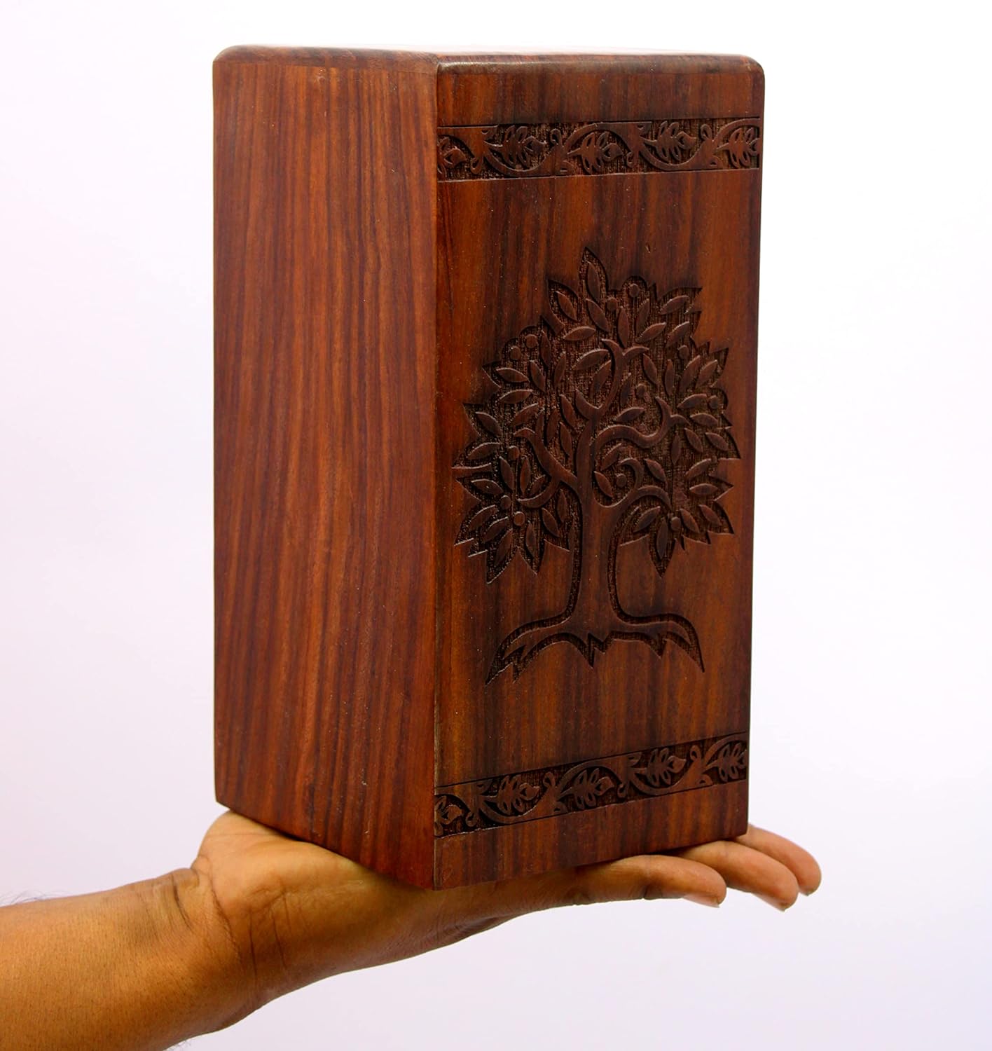 eSplanade Wooden Cremation Urn Memorial Jar Pot Container | Full Size Urn for Funeral Ashes Burial | Tree of Life Engraved Wooden Urn | Beige & Brown- 10" Inches