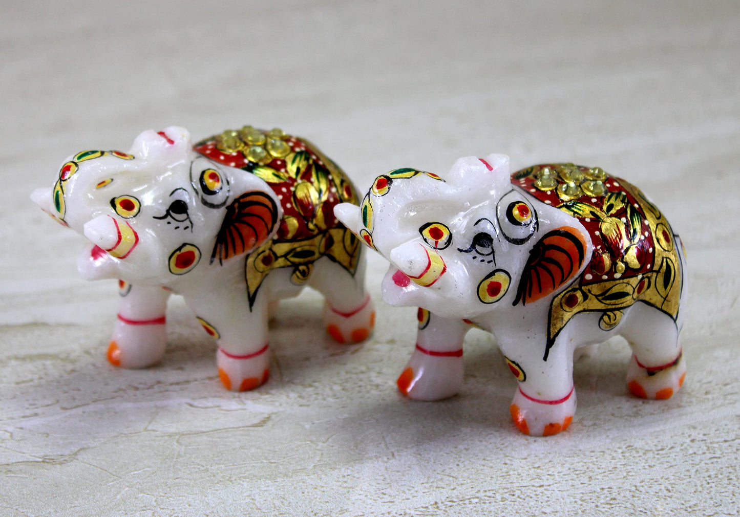 eSplanade Marble Elephant Family - Set of 2 - Sculpture Showpiece Figurines - Home Decor - White Multi - 5" Inches