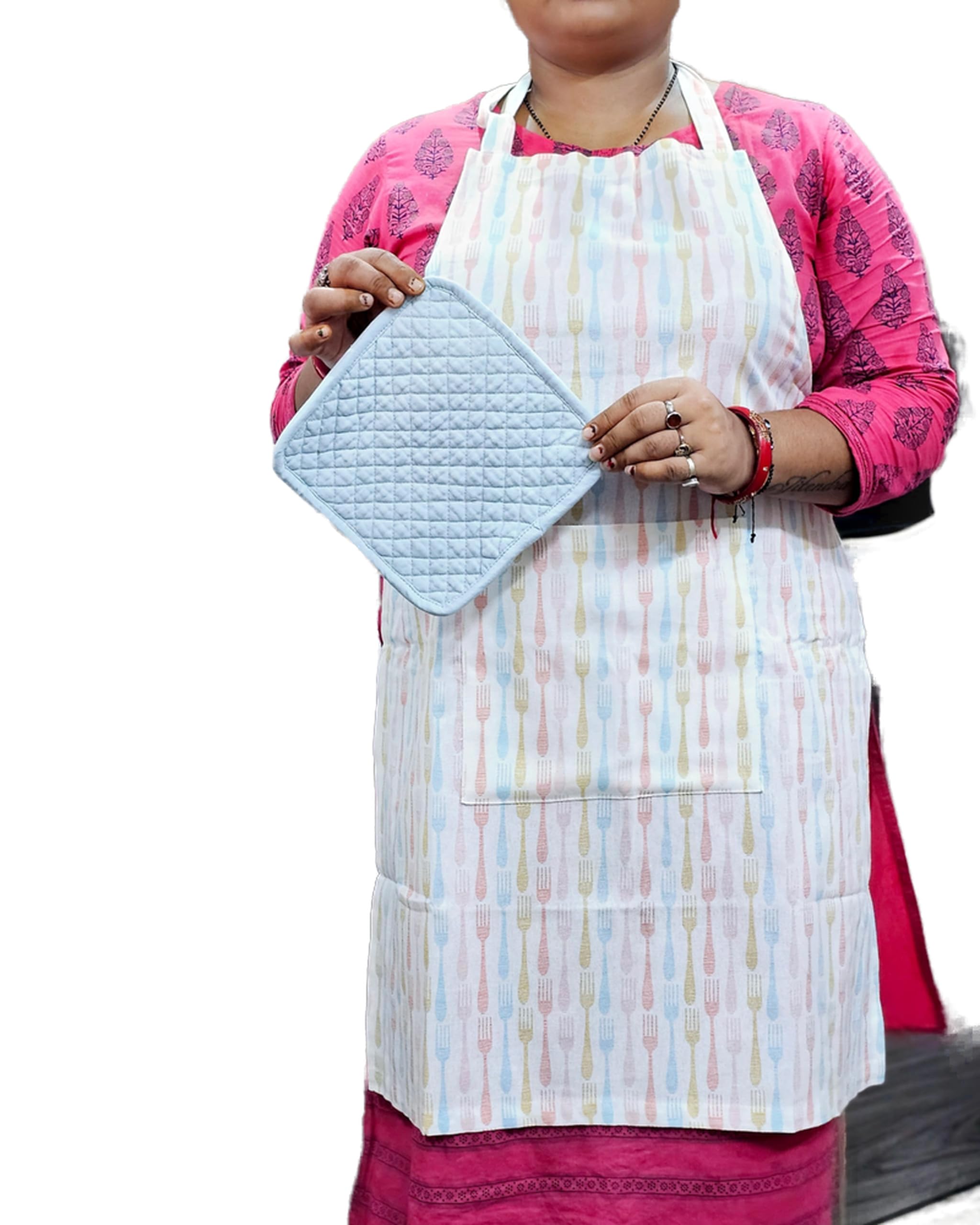 Essential Kitchen Cotton Apron Set - Apron, Padded Pot Holder/Coaster, and a Cotton Kitchen Towel | Lightweight