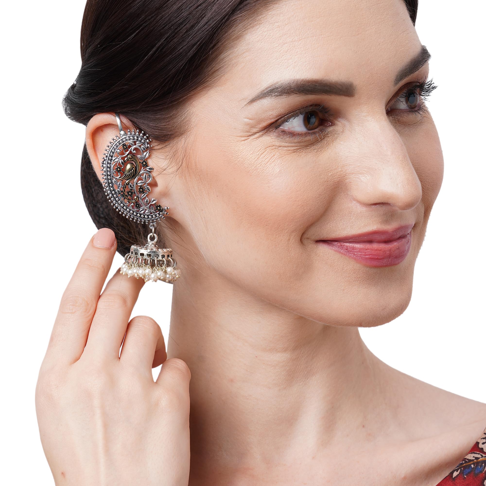 Binnis wardrobe Dual-Toned textured long Jhumka with hanging pearl handcrafted earrings