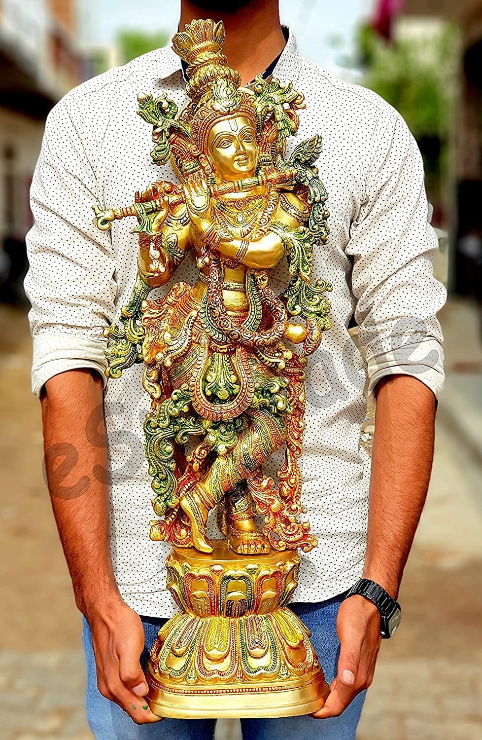 eSplanade Brass Krishna Murti Idol Statue Sculpture (Very Big Size - 46" inches Height) | Krishna Idol with Arch Stand Singhasan | Pooja Idols | Home Decor