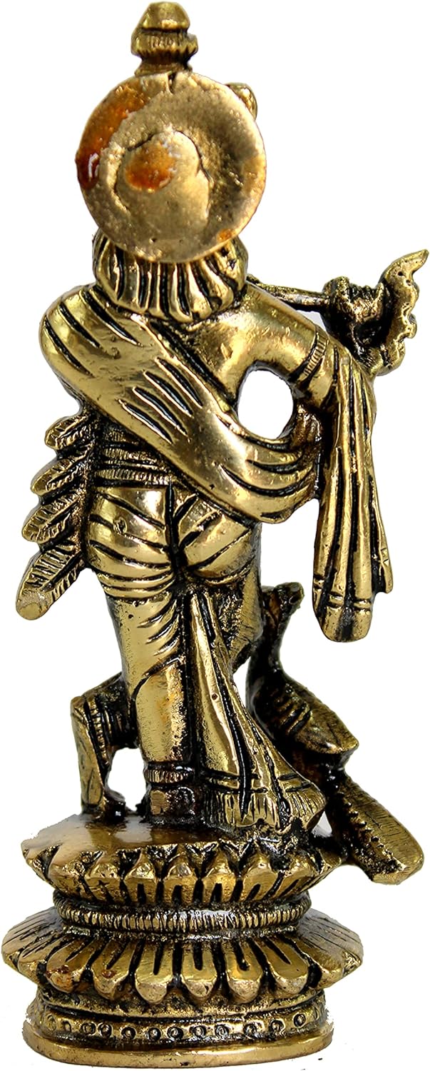 eSplanade - Brass Kishan Krishna with peacock Murti Idol Statue Sculpture for Pooja Mandir or Home Decor - 5" inches