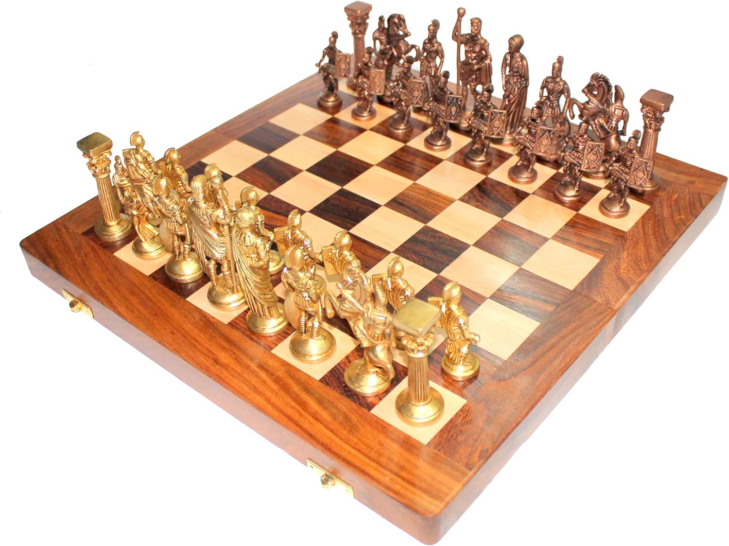 StonKraft 14" X 14" Wooden Chess Game Board Set + Brass Chess Pieces (Roman Figures)